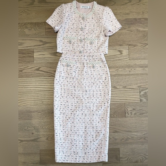 Self Portrait 2025 S/S Boucle Pearl Elegant Pink Tweed Midi Skirt US2/UK6 - Picture 6 of 10